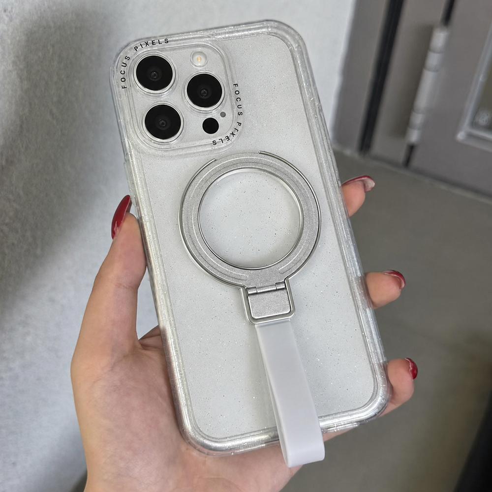 For iPhone 15 Pro Max Glitter Letter Lens Frame Magnetic Phone Case with Holder - White - EDA009979709E