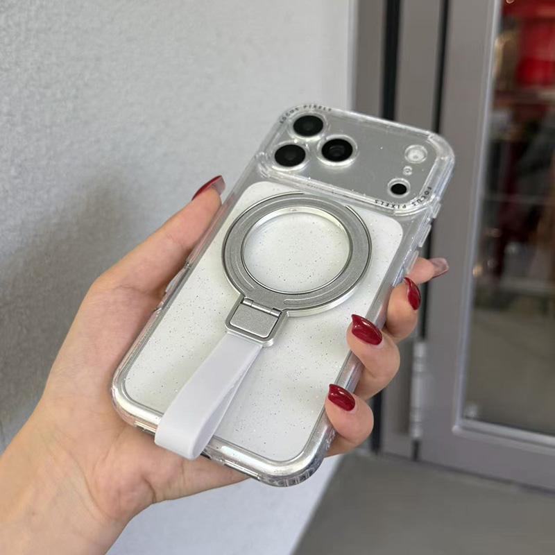 For iPhone 15 Pro Max Glitter Letter Lens Frame Magnetic Phone Case with Holder - White - EDA009979709E