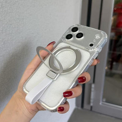 For iPhone 15 Pro Max Glitter Letter Lens Frame Magnetic Phone Case with Holder - White - EDA009979709E
