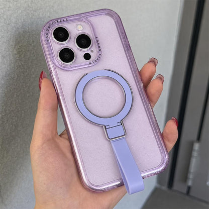 For iPhone 15 Pro Max Glitter Letter Lens Frame Magnetic Phone Case with Holder - Purple - EDA009979709F
