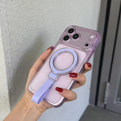 For iPhone 15 Pro Max Glitter Letter Lens Frame Magnetic Phone Case with Holder - Purple - EDA009979709F