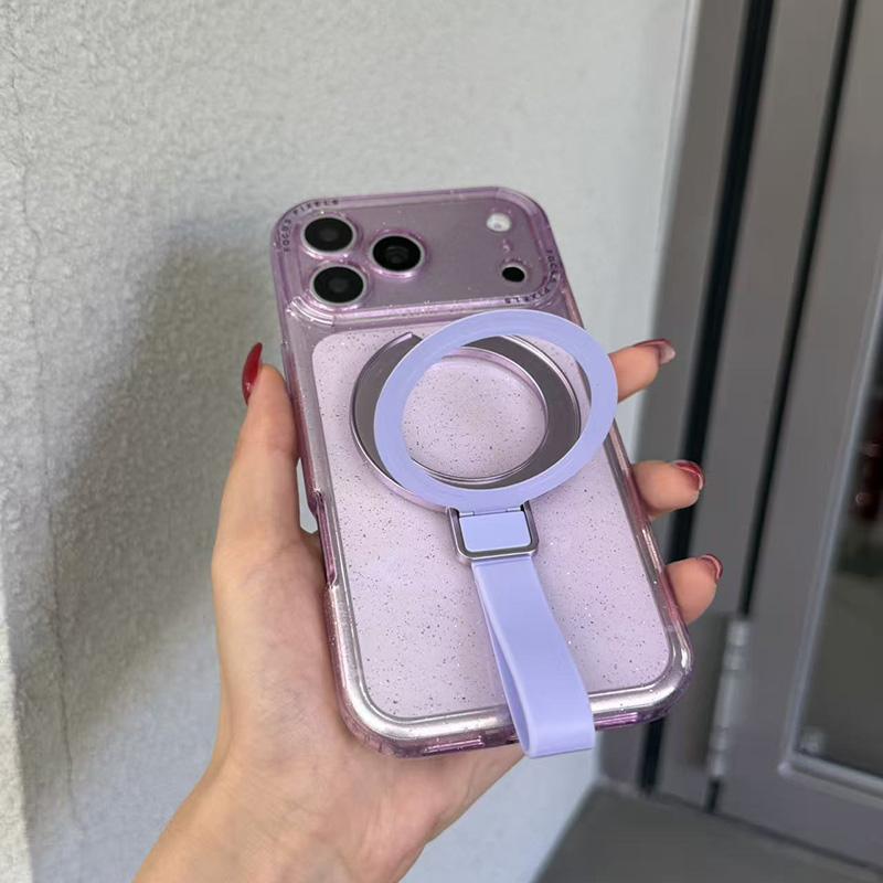 For iPhone 15 Pro Max Glitter Letter Lens Frame Magnetic Phone Case with Holder - Purple - EDA009979709F