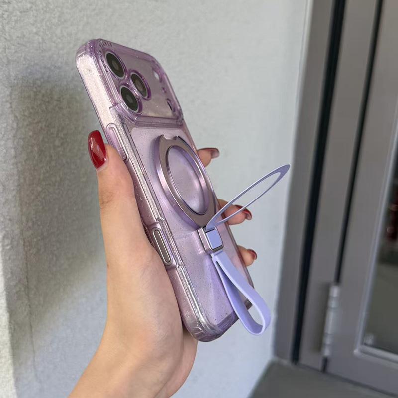 For iPhone 15 Pro Max Glitter Letter Lens Frame Magnetic Phone Case with Holder - Purple - EDA009979709F