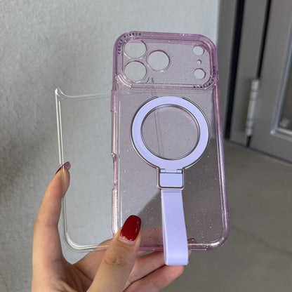 For iPhone 15 Pro Max Glitter Letter Lens Frame Magnetic Phone Case with Holder - Purple - EDA009979709F