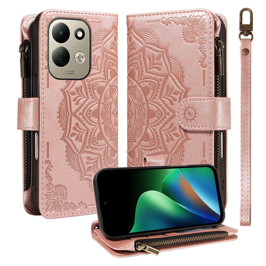 For Redmi 17 5G / 4G Global 170mm Mandala Embossed 9-Card Zipper RFID Vegan Leather Phone Case with Short Lanyard(Rose Gold)