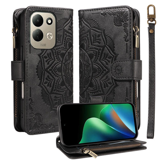 For Redmi 17 5G / 4G Global 170mm Mandala Embossed 9-Card Zipper RFID Vegan Leather Phone Case with Short Lanyard(Black)