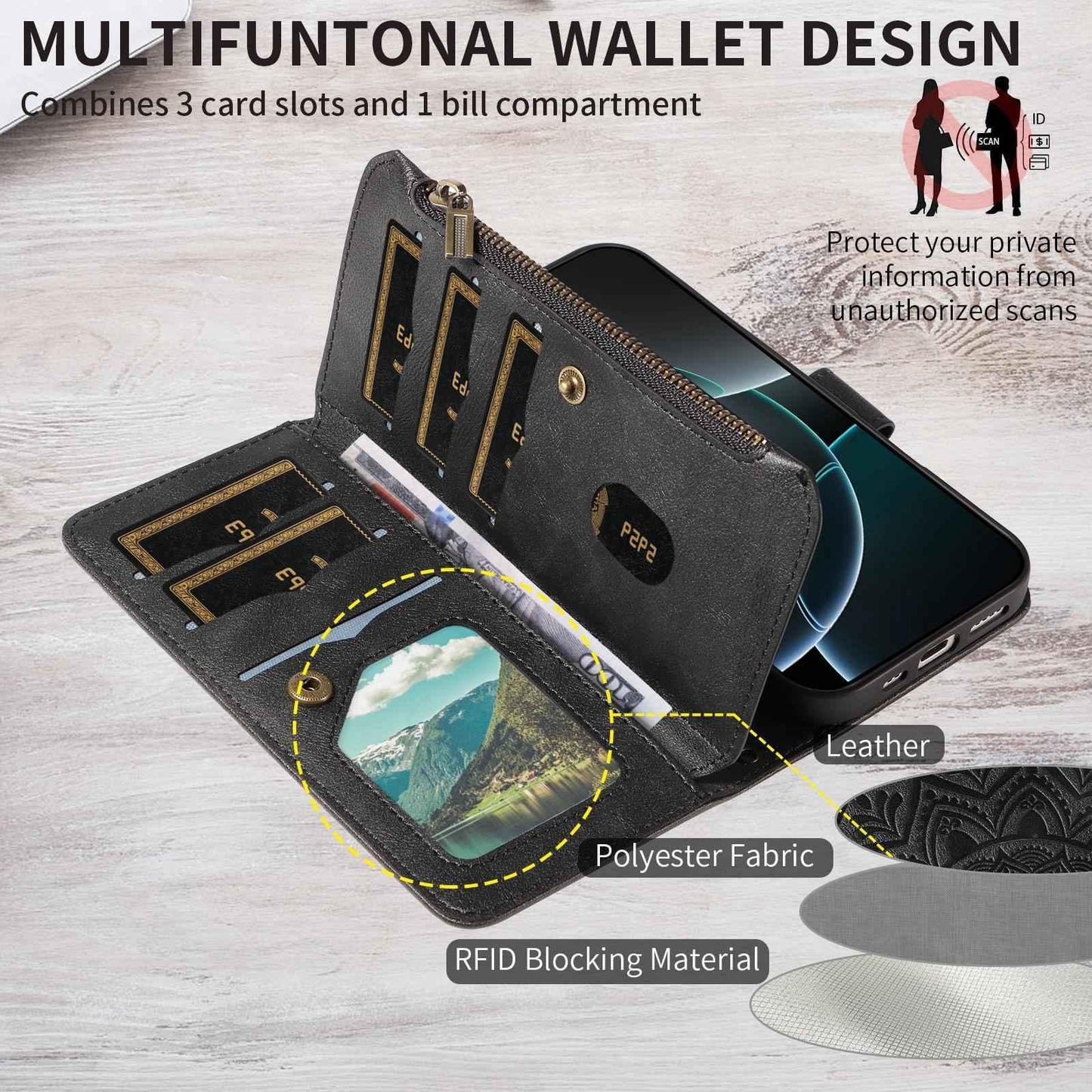For Redmi 17 5G / 4G Global 170mm Mandala Embossed 9-Card Zipper RFID Vegan Leather Phone Case with Short Lanyard(Black)