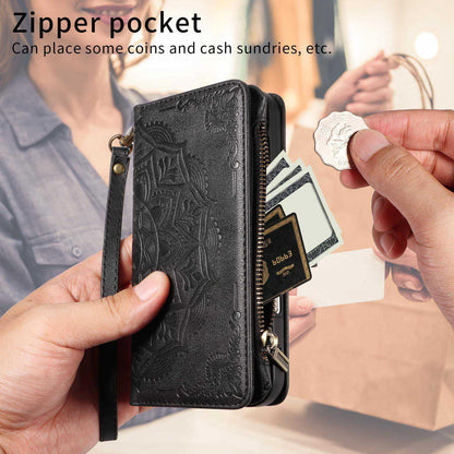 For Redmi 17 5G / 4G Global 170mm Mandala Embossed 9-Card Zipper RFID Vegan Leather Phone Case with Short Lanyard(Black)