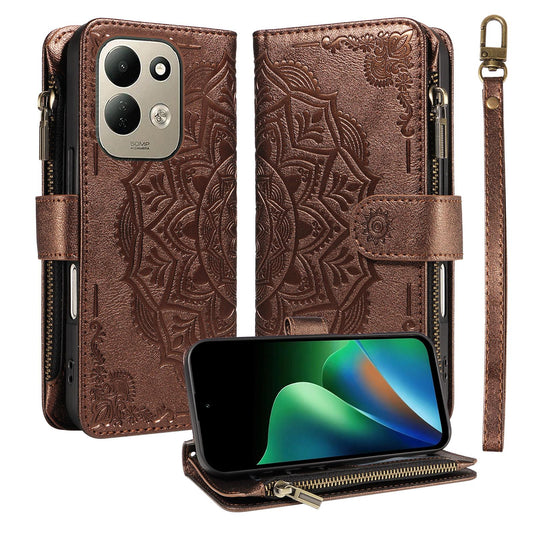 For Redmi 17 5G / 4G Global 170mm Mandala Embossed 9-Card Zipper RFID Vegan Leather Phone Case with Short Lanyard(Brown)