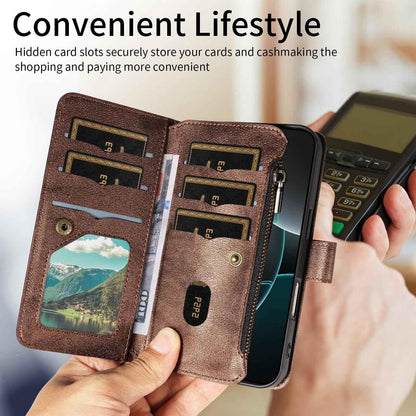 For Redmi 17 5G / 4G Global 170mm Mandala Embossed 9-Card Zipper RFID Vegan Leather Phone Case with Short Lanyard(Brown)