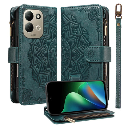 For Redmi 17 5G / 4G Global 170mm Mandala Embossed 9-Card Zipper RFID Vegan Leather Phone Case with Short Lanyard(Green)