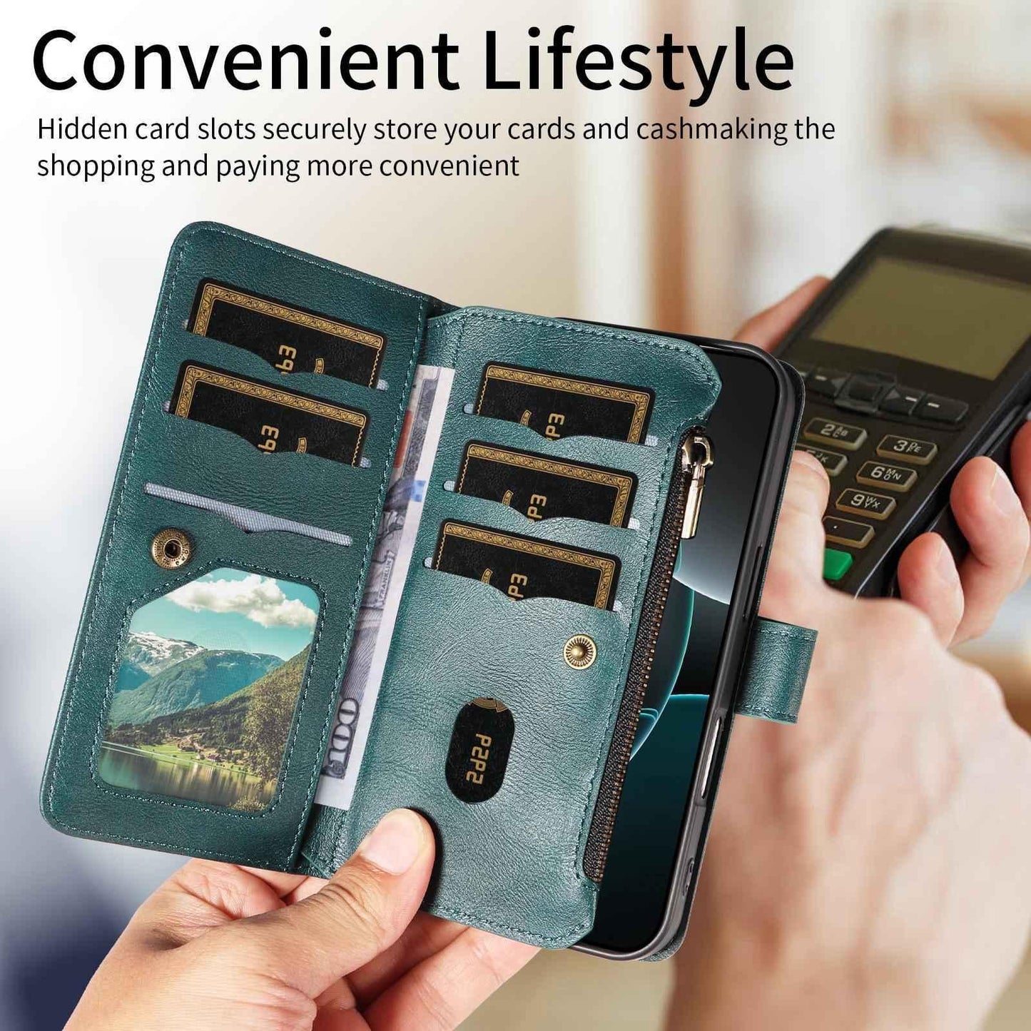 For Redmi 17 5G / 4G Global 170mm Mandala Embossed 9-Card Zipper RFID Vegan Leather Phone Case with Short Lanyard(Green)
