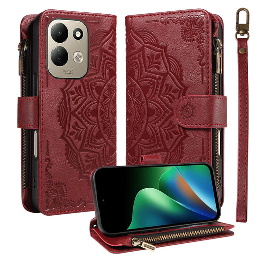 For Redmi 17 5G / 4G Global 170mm Mandala Embossed 9-Card Zipper RFID Vegan Leather Phone Case with Short Lanyard(Wine Red)