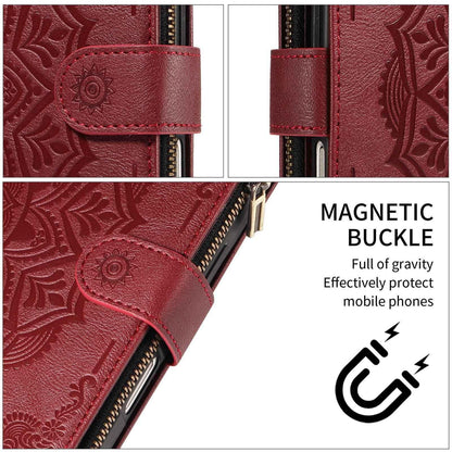 For Redmi 17 5G / 4G Global 170mm Mandala Embossed 9-Card Zipper RFID Vegan Leather Phone Case with Short Lanyard(Wine Red)