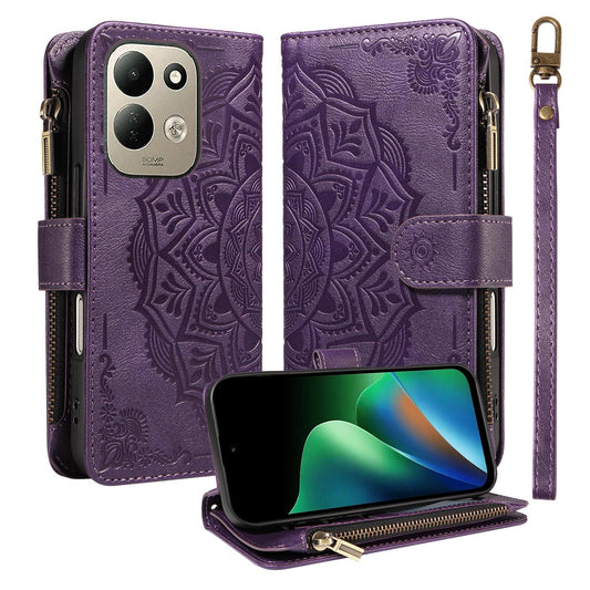For Redmi 17 5G / 4G Global 170mm Mandala Embossed 9-Card Zipper RFID Vegan Leather Phone Case with Short Lanyard(Purple)