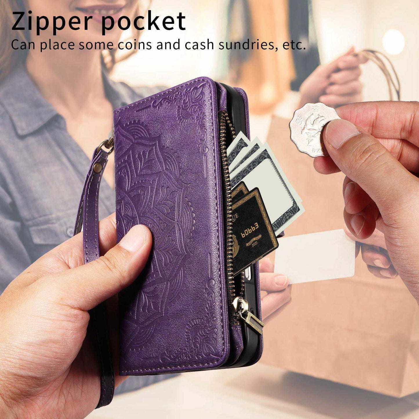 For Redmi 17 5G / 4G Global 170mm Mandala Embossed 9-Card Zipper RFID Vegan Leather Phone Case with Short Lanyard(Purple)