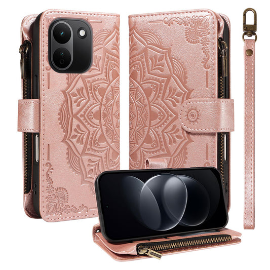 For Redmi Note 17 Pro+ 5G Global 163mm Mandala Embossed 9-Card Zipper RFID Vegan Leather Phone Case with Short Lanyard(Rose Gold)