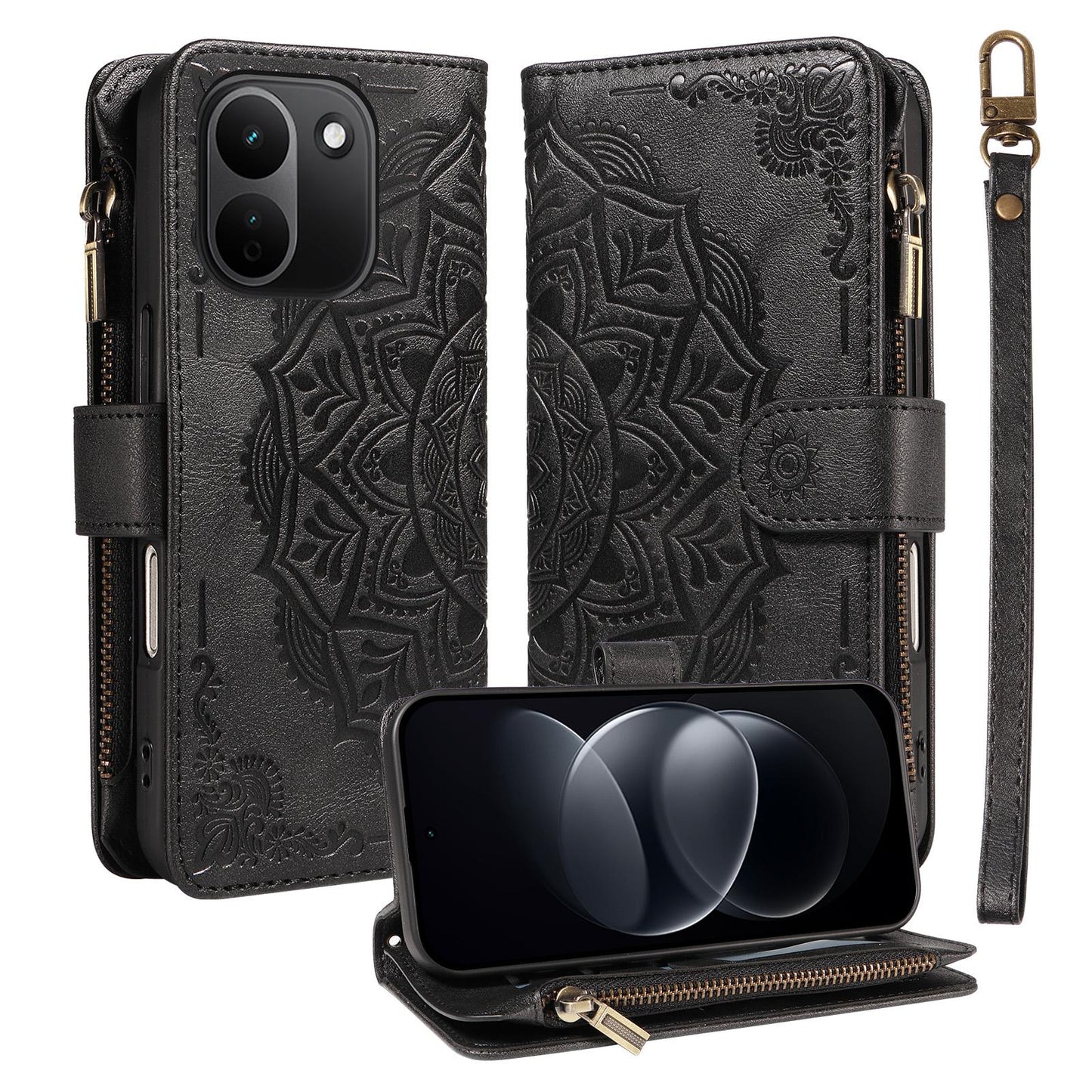 For Redmi Note 17 Pro+ 5G Global 163mm Mandala Embossed 9-Card Zipper RFID Vegan Leather Phone Case with Short Lanyard(Black)