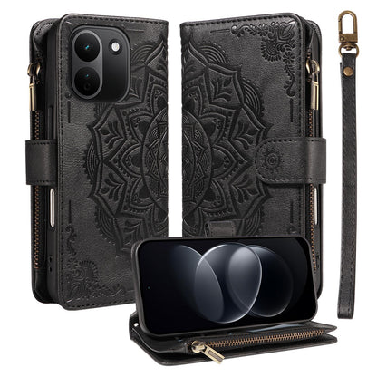 For Redmi Note 17 Pro+ 5G Global 163mm Mandala Embossed 9-Card Zipper RFID Vegan Leather Phone Case with Short Lanyard(Black)