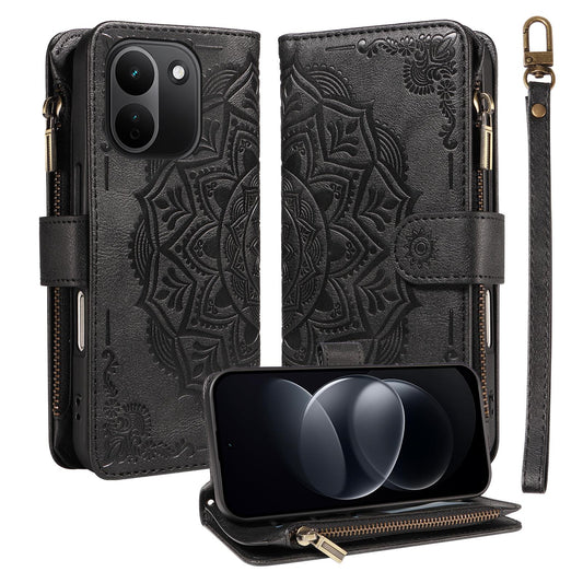 For Redmi Note 17 Pro+ 5G Global 163mm Mandala Embossed 9-Card Zipper RFID Vegan Leather Phone Case with Short Lanyard(Black)