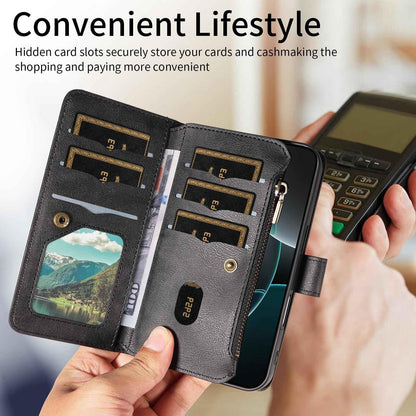 For Redmi Note 17 Pro+ 5G Global 163mm Mandala Embossed 9-Card Zipper RFID Vegan Leather Phone Case with Short Lanyard(Black)