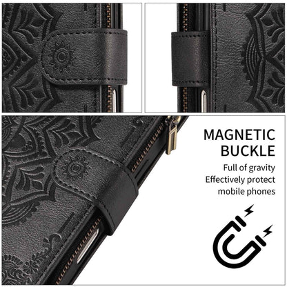 For Redmi Note 17 Pro+ 5G Global 163mm Mandala Embossed 9-Card Zipper RFID Vegan Leather Phone Case with Short Lanyard(Black)