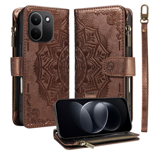 For Redmi Note 17 Pro+ 5G Global 163mm Mandala Embossed 9-Card Zipper RFID Vegan Leather Phone Case with Short Lanyard(Brown)