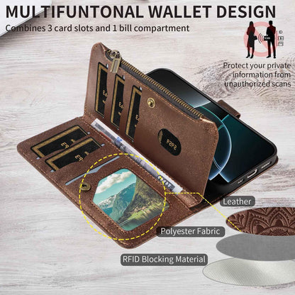 For Redmi Note 17 Pro+ 5G Global 163mm Mandala Embossed 9-Card Zipper RFID Vegan Leather Phone Case with Short Lanyard(Brown)
