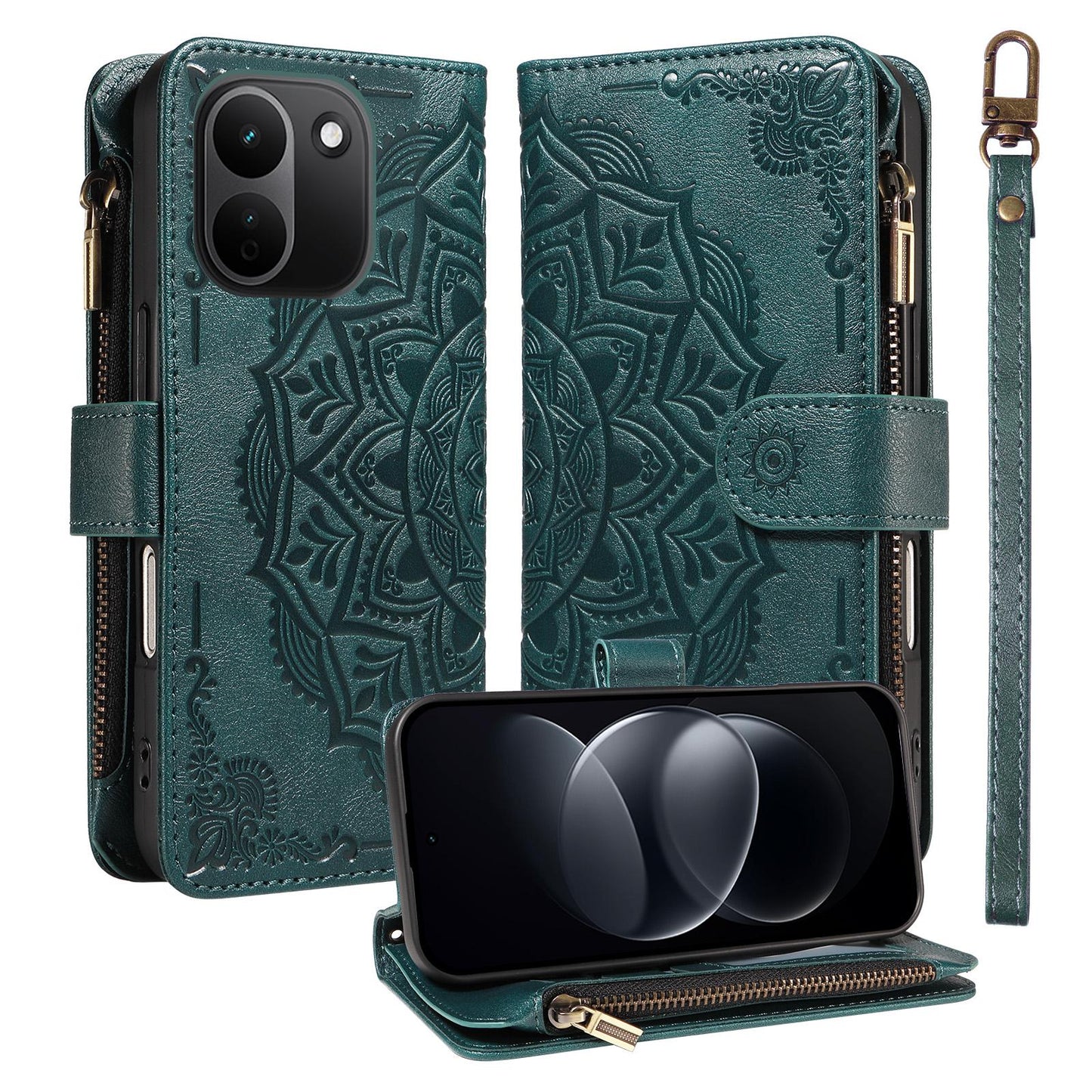 For Redmi Note 17 Pro+ 5G Global 163mm Mandala Embossed 9-Card Zipper RFID Vegan Leather Phone Case with Short Lanyard(Green)
