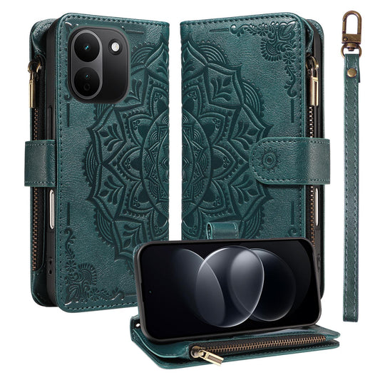 For Redmi Note 17 Pro+ 5G Global 163mm Mandala Embossed 9-Card Zipper RFID Vegan Leather Phone Case with Short Lanyard(Green)