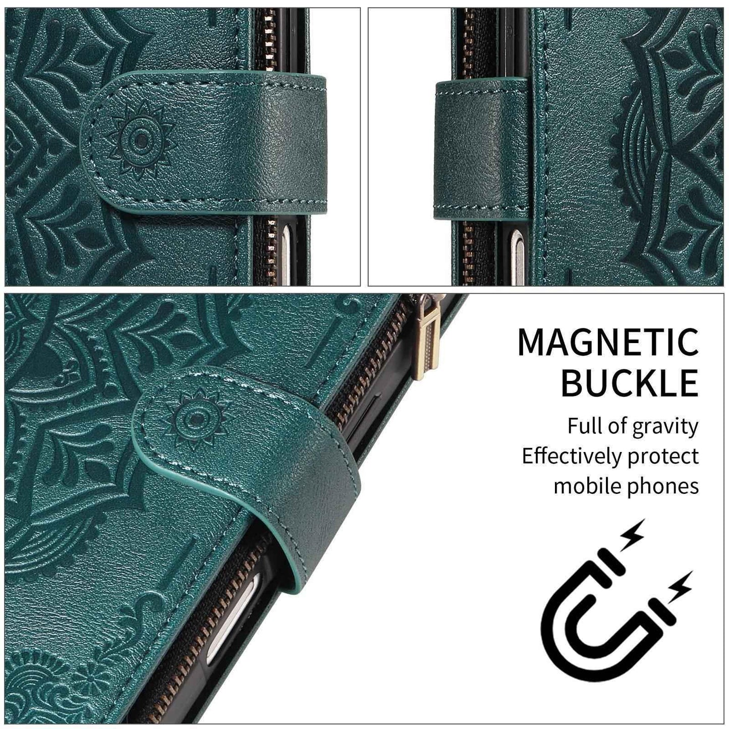 For Redmi Note 17 Pro+ 5G Global 163mm Mandala Embossed 9-Card Zipper RFID Vegan Leather Phone Case with Short Lanyard(Green)