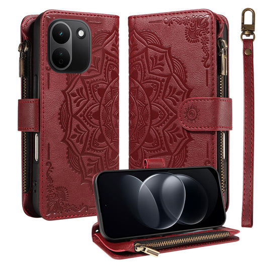For Redmi Note 17 Pro+ 5G Global 163mm Mandala Embossed 9-Card Zipper RFID Vegan Leather Phone Case with Short Lanyard(Wine Red)
