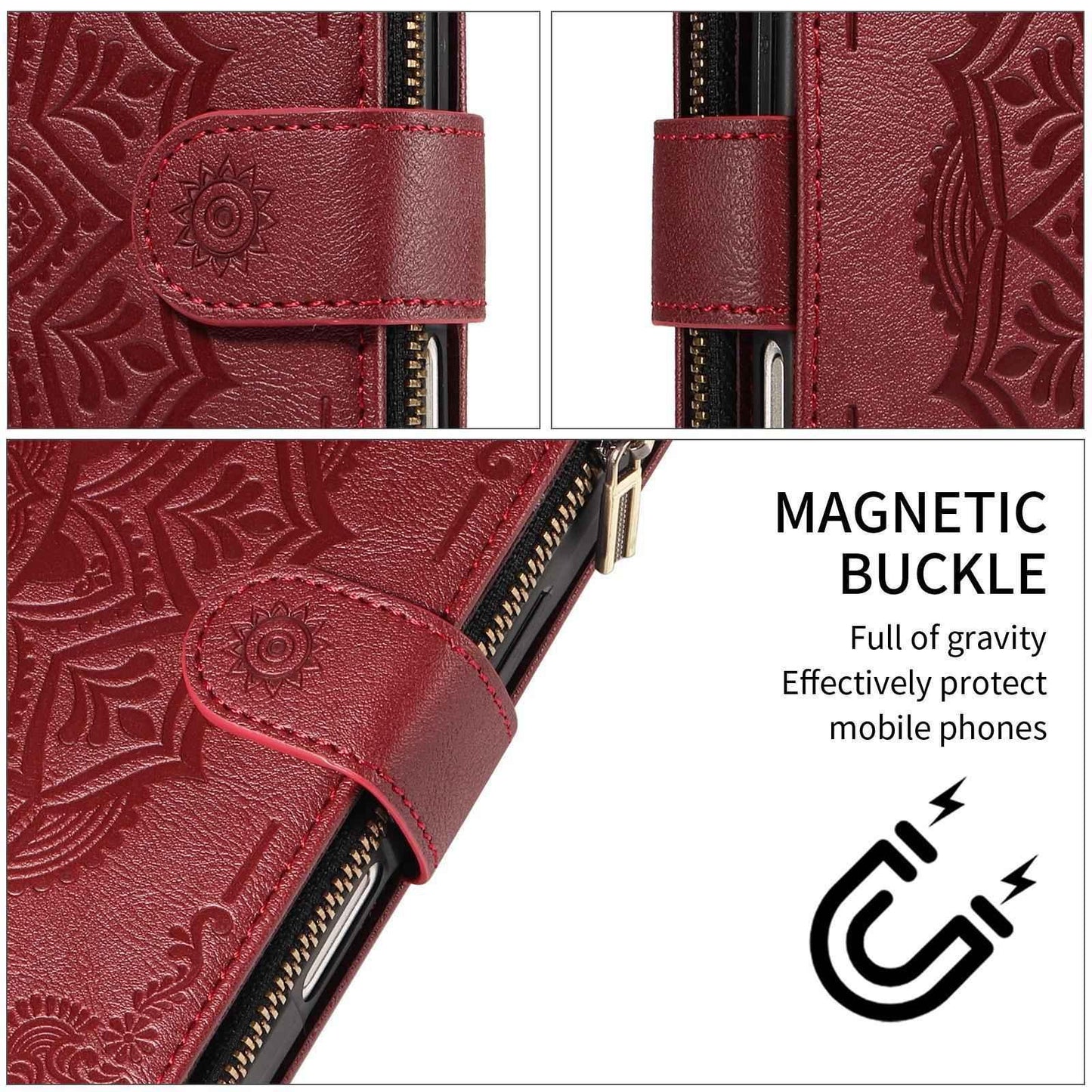 For Redmi Note 17 Pro+ 5G Global 163mm Mandala Embossed 9-Card Zipper RFID Vegan Leather Phone Case with Short Lanyard(Wine Red)