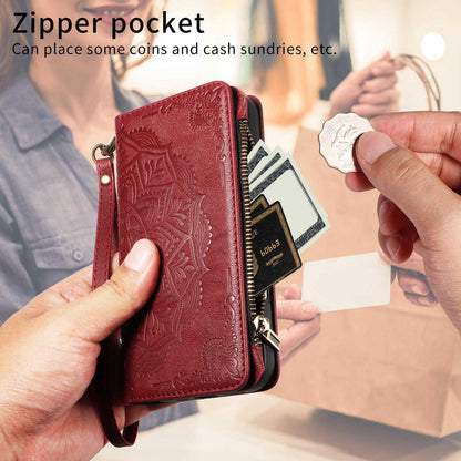 For Redmi Note 17 Pro+ 5G Global 163mm Mandala Embossed 9-Card Zipper RFID Vegan Leather Phone Case with Short Lanyard(Wine Red)