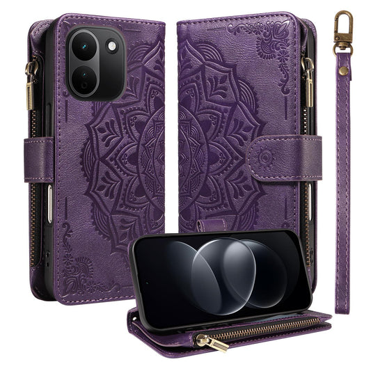 For Redmi Note 17 Pro+ 5G Global 163mm Mandala Embossed 9-Card Zipper RFID Vegan Leather Phone Case with Short Lanyard(Purple)