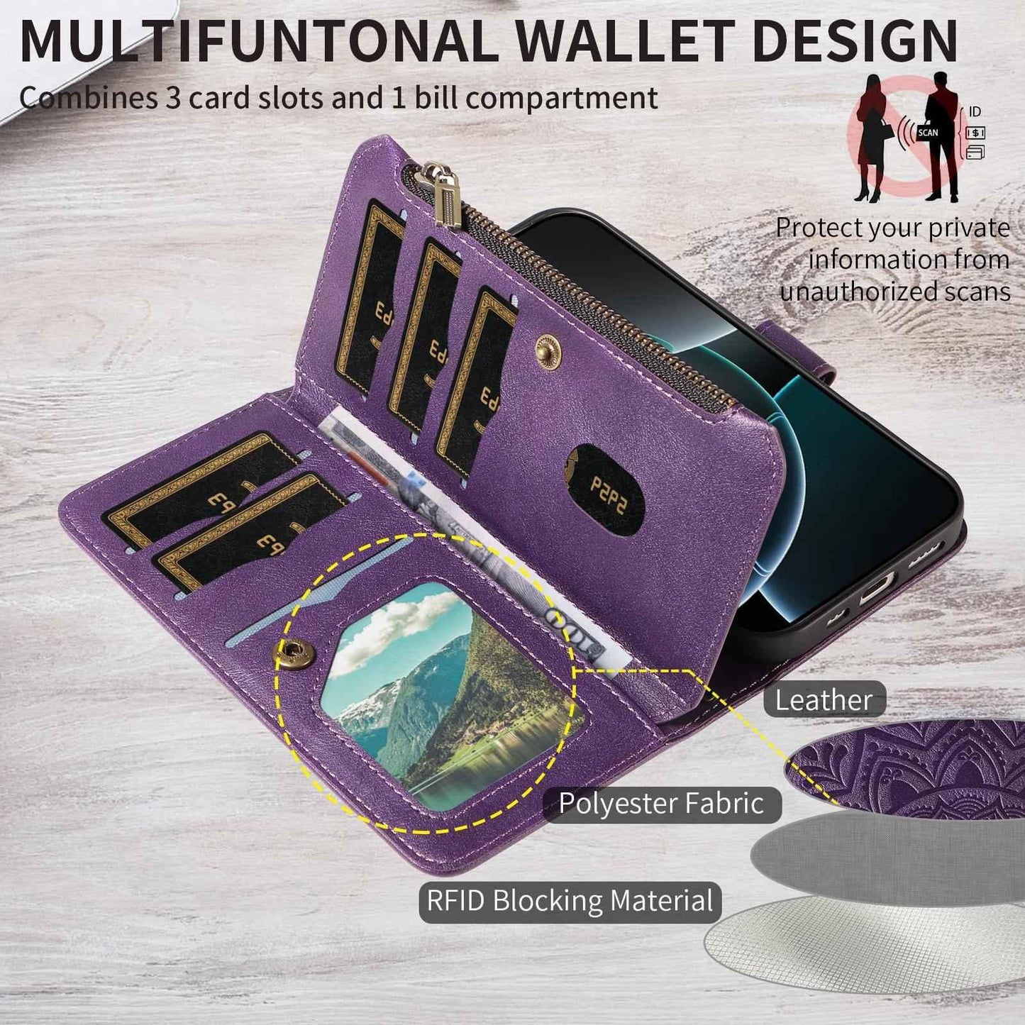 For Redmi Note 17 Pro+ 5G Global 163mm Mandala Embossed 9-Card Zipper RFID Vegan Leather Phone Case with Short Lanyard(Purple)