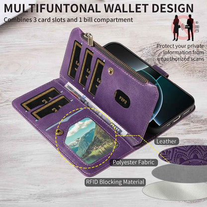 For Redmi Note 17 Pro+ 5G Global 163mm Mandala Embossed 9-Card Zipper RFID Vegan Leather Phone Case with Short Lanyard(Purple)