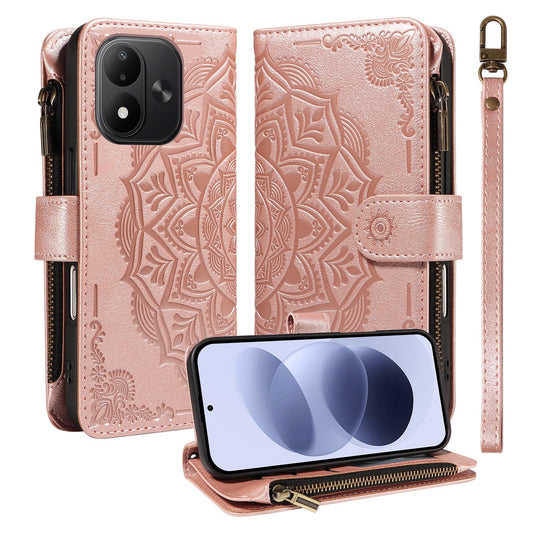 For Redmi Note 17 5G/4G Global 171mm Mandala Embossed 9-Card Zipper RFID Vegan Leather Phone Case with Short Lanyard(Rose Gold)