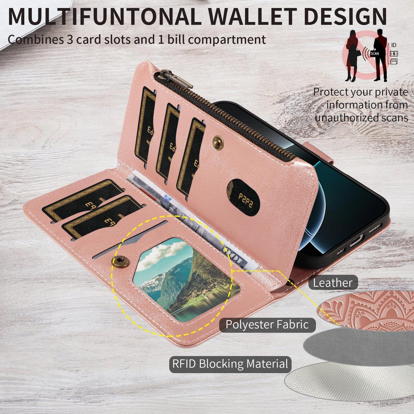 For Redmi Note 17 5G/4G Global 171mm Mandala Embossed 9-Card Zipper RFID Vegan Leather Phone Case with Short Lanyard(Rose Gold)