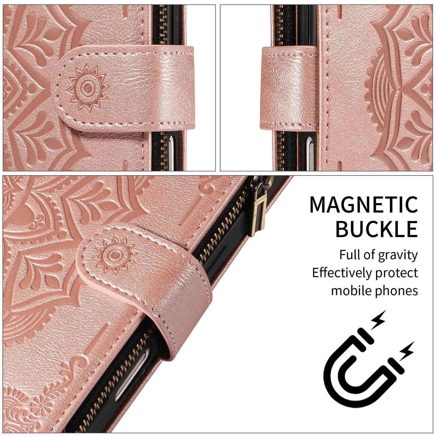 For Redmi Note 17 5G/4G Global 171mm Mandala Embossed 9-Card Zipper RFID Vegan Leather Phone Case with Short Lanyard(Rose Gold)