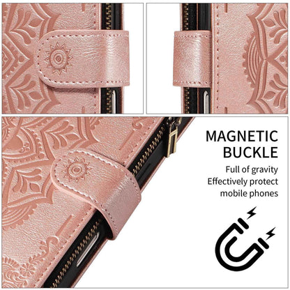 For Redmi Note 17 5G/4G Global 171mm Mandala Embossed 9-Card Zipper RFID Vegan Leather Phone Case with Short Lanyard(Rose Gold)