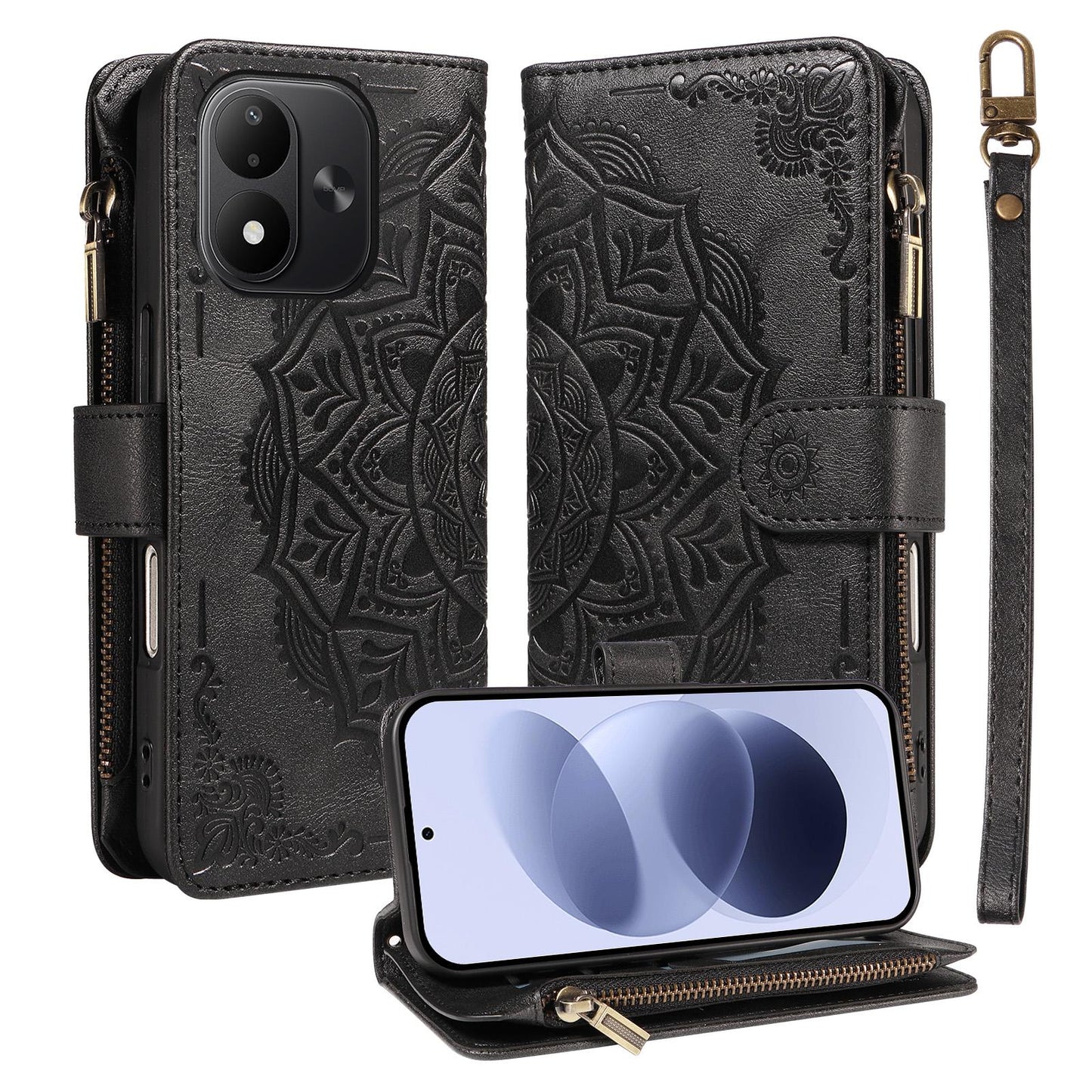 For Redmi Note 17 5G/4G Global 171mm Mandala Embossed 9-Card Zipper RFID Vegan Leather Phone Case with Short Lanyard(Black)