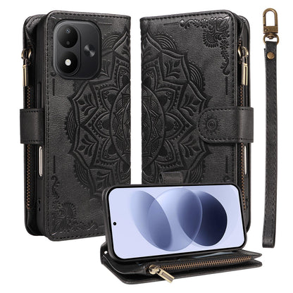 For Redmi Note 17 5G/4G Global 171mm Mandala Embossed 9-Card Zipper RFID Vegan Leather Phone Case with Short Lanyard(Black)