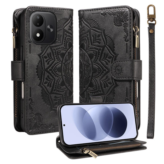 For Redmi Note 17 5G/4G Global 171mm Mandala Embossed 9-Card Zipper RFID Vegan Leather Phone Case with Short Lanyard(Black)
