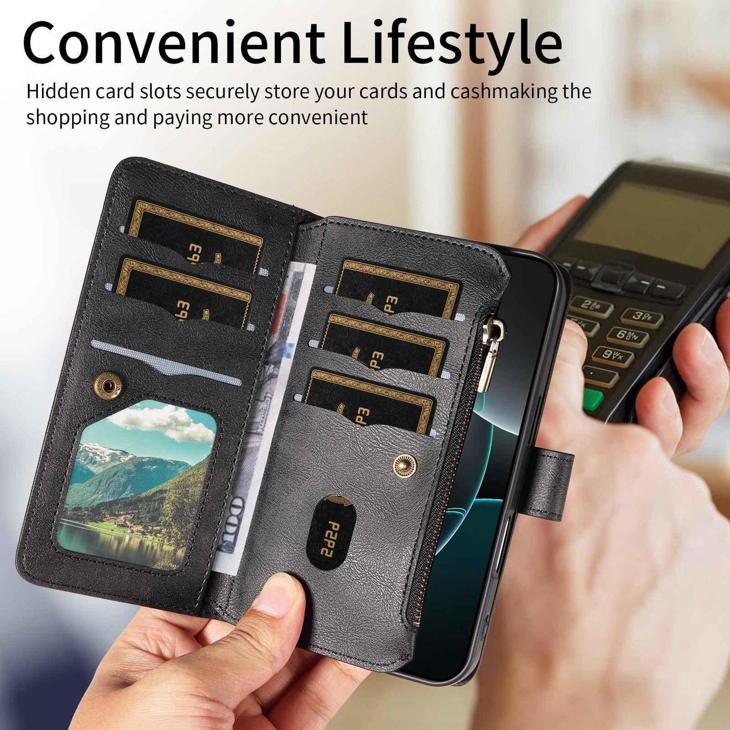 For Redmi Note 17 5G/4G Global 171mm Mandala Embossed 9-Card Zipper RFID Vegan Leather Phone Case with Short Lanyard(Black)