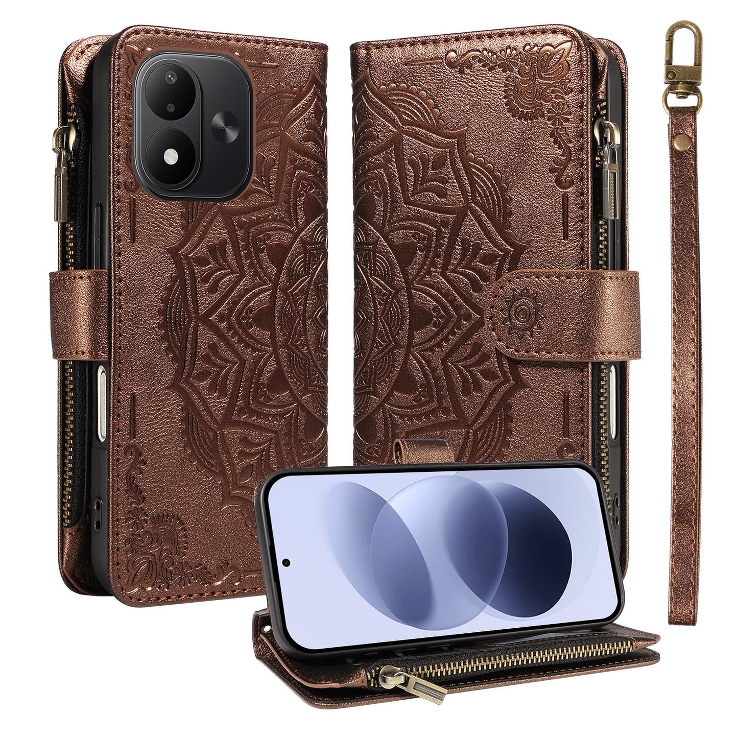 For Redmi Note 17 5G/4G Global 171mm Mandala Embossed 9-Card Zipper RFID Vegan Leather Phone Case with Short Lanyard(Brown)