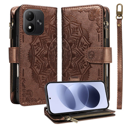 For Redmi Note 17 5G/4G Global 171mm Mandala Embossed 9-Card Zipper RFID Vegan Leather Phone Case with Short Lanyard(Brown)