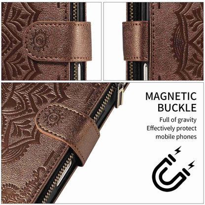For Redmi Note 17 5G/4G Global 171mm Mandala Embossed 9-Card Zipper RFID Vegan Leather Phone Case with Short Lanyard(Brown)