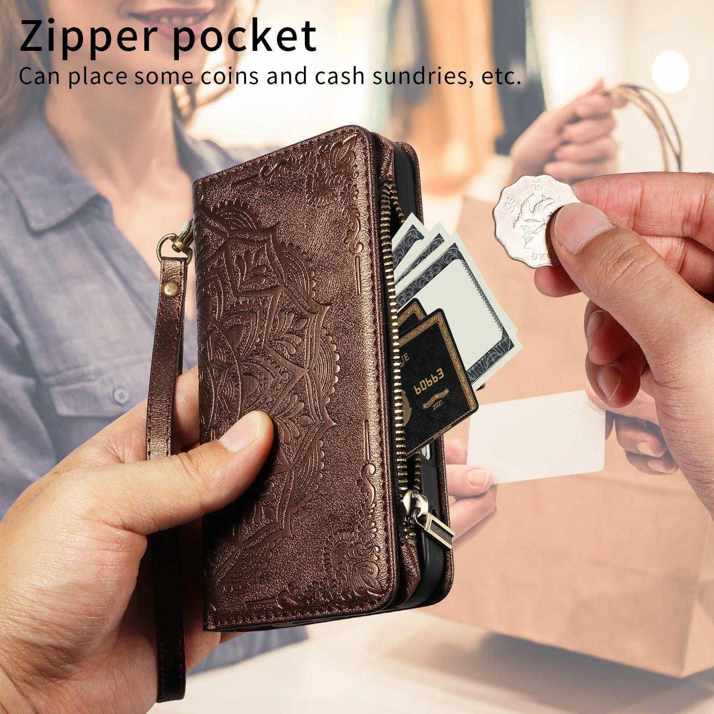 For Redmi Note 17 5G/4G Global 171mm Mandala Embossed 9-Card Zipper RFID Vegan Leather Phone Case with Short Lanyard(Brown)