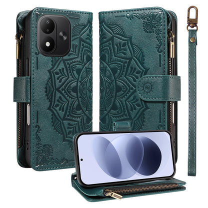 For Redmi Note 17 5G/4G Global 171mm Mandala Embossed 9-Card Zipper RFID Vegan Leather Phone Case with Short Lanyard(Green)